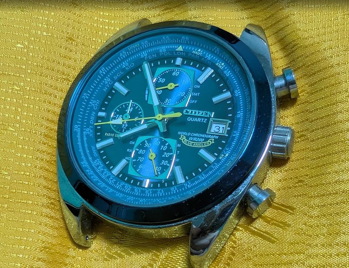Vintage Pre-Owned Citizen Quartz World Chronograph Blue Angels Style 43mm Watch New Battery Running Black Dial Pilot Design Rare