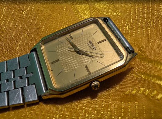 Vintage Pre-Owned Seiko 9021-5210 JDM Tank Style Rectangular 27mm Gold Dial Quartz Watch Japan Working Rare
