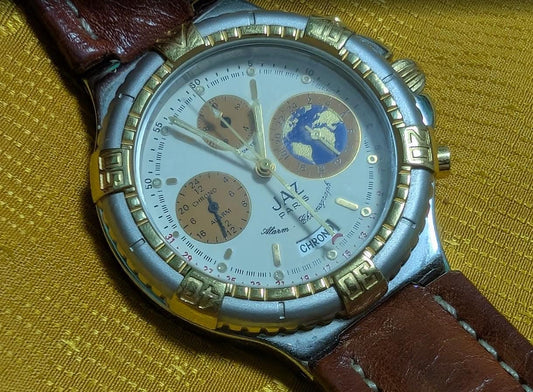 Vintage Pre-Owned JAZ Paris M60T496 Chronograph Alarm World Time Watch 40mm Original Leather Strap For Repair Rare