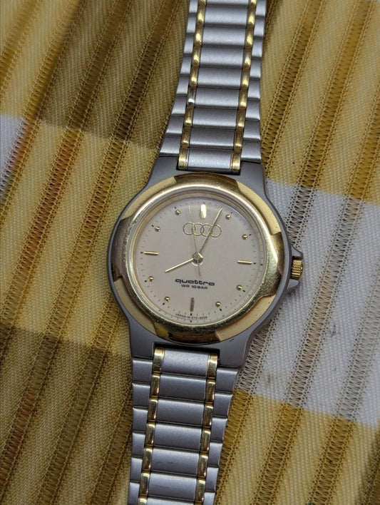 Vintage Pre-Owned Audi Quattro Wristwatch Rare 1990s Four Rings Logo Two Tone Japan Quartz Unisex Motorsport Collector Gift