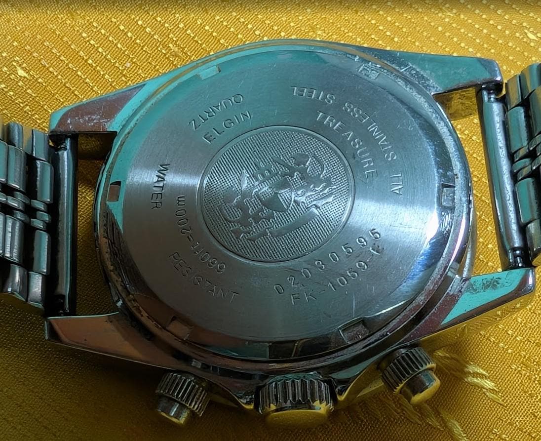 Vintage Pre-Owned Elgin Chronograph Deluxe Watch 40mm Stainless Steel Bracelet Quartz Working New Battery Retro Watch