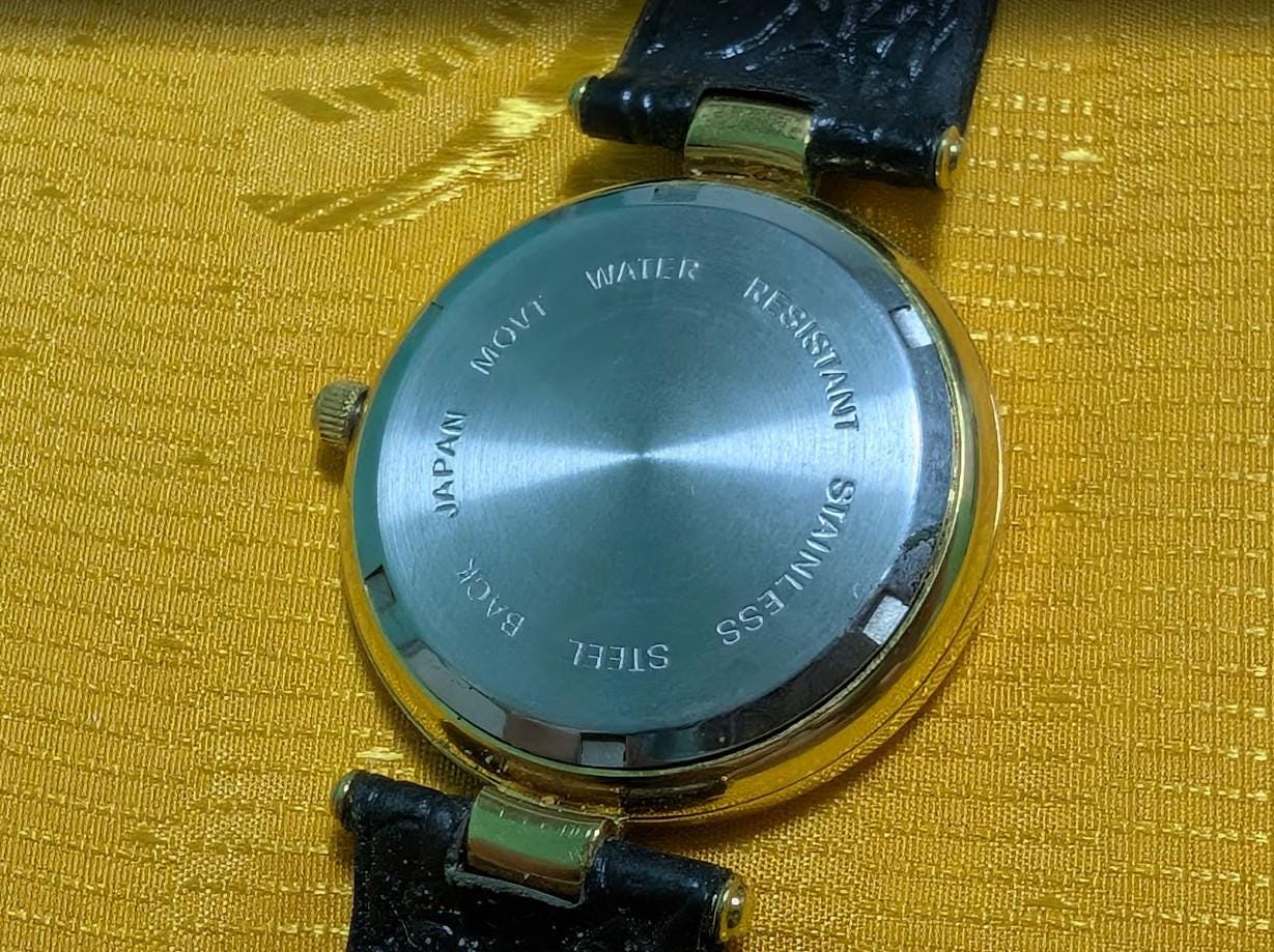 Vintage Pre-Owned Pearlight Quartz Watch 30mm Opal Mosaic Dial Roman Numerals Black Leather Strap Japan Movt. New Battery