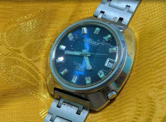Rare Vintage Pre-Owned Citizen Cosmotronic Electronic Parawater 4-480147 Blue Sunburst Dial 40mm Original Bracelet Japan New Battery Running