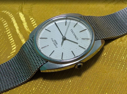 Vintage Pre-Owned Technos Star Quartz Swiss Made Watch 33mm Original Mesh Bracelet New Battery Working Classic Dress Watch Rare