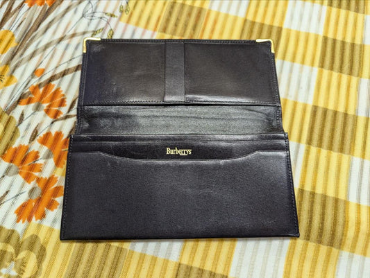 Vintage Pre-Owned Burberrys Long Leather Wallet Black Checkbook Wallet Slim Designer Wallet Authentic