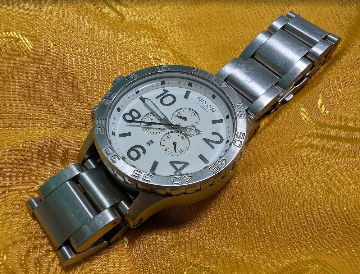 Pre-Owned Rare Nixon The 51-30 Chrono K14 300M Oversized Diver Watch 50mm White Dial Stainless Steel Japan Movement Working