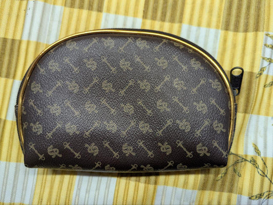 Vintage Unbranded Brown Monogram Cosmetic Pouch Zip Makeup Bag With Gold Frame Small Retro Toiletry Case Pre Owned