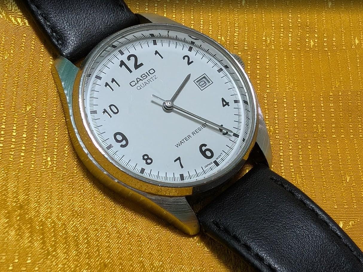 Vintage Pre-Owned Casio MTP-1175 Quartz Watch White Dial Date 37mm Case Working Video Maruman Leather Strap Classic Dress Japan Movt
