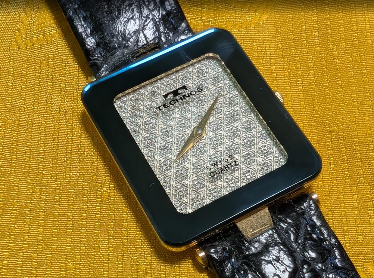 Vintage Pre-Owned TechnoS Swiss Quartz Ladies Watch Square Dial Gold Plated Case Black Strap Retro Womens Watch For Repair