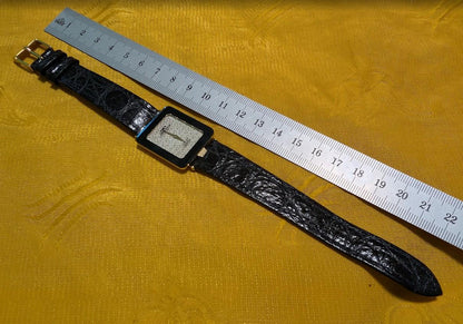 Vintage Pre-Owned TechnoS Swiss Quartz Ladies Watch Square Dial Gold Plated Case Black Strap Retro Womens Watch For Repair