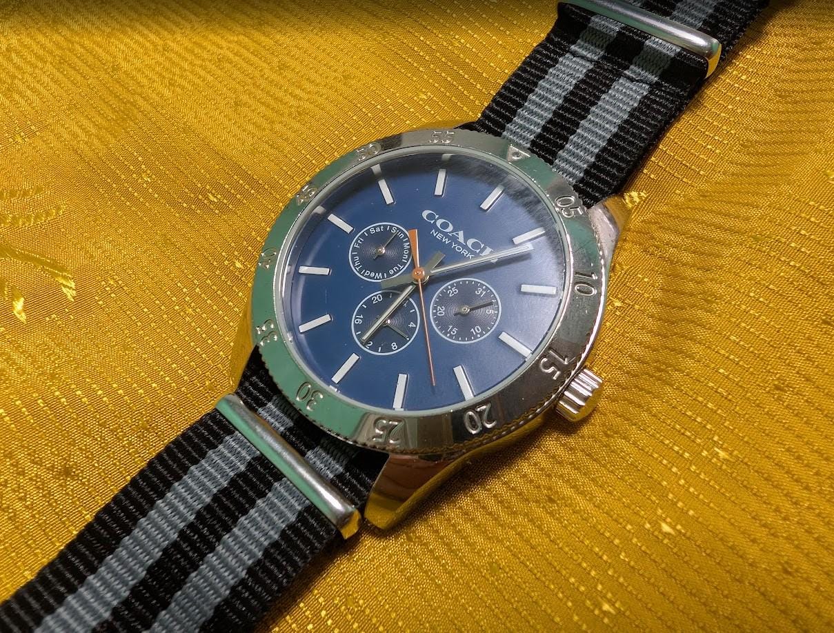 Coach New York Quartz 45mm Blue Dial Stainless Steel Watch New Battery NATO Strap Excellent Vintage Pre-Owned Condition Working Video