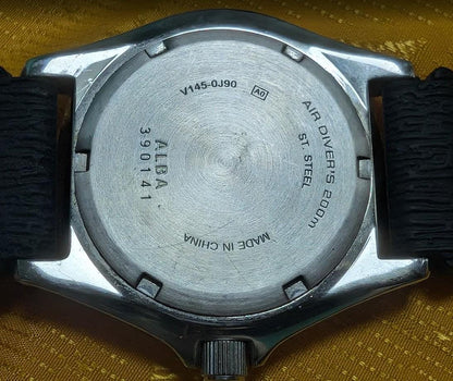 Rare Vintage Pre-Owned ALBA Aqua Gear Solar Scuba V145-0J90 200M Diver Solar Watch Black Dial Rotating Bezel 40mm Japan Runs Great