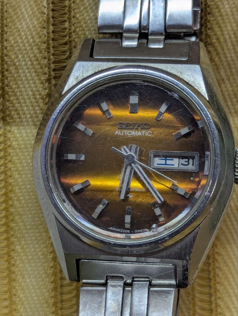 Vintage Pre-Owned Seiko Automatic 2206-0520 Ladies Watch Brown Sunburst Dial Day Date Japan Working