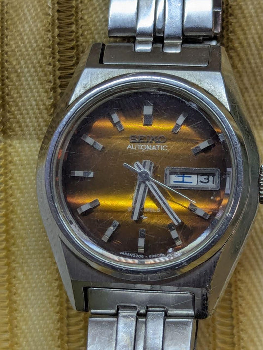 Vintage Pre-Owned Seiko Automatic 2206-0520 Ladies Watch Brown Sunburst Dial Day Date Japan Working