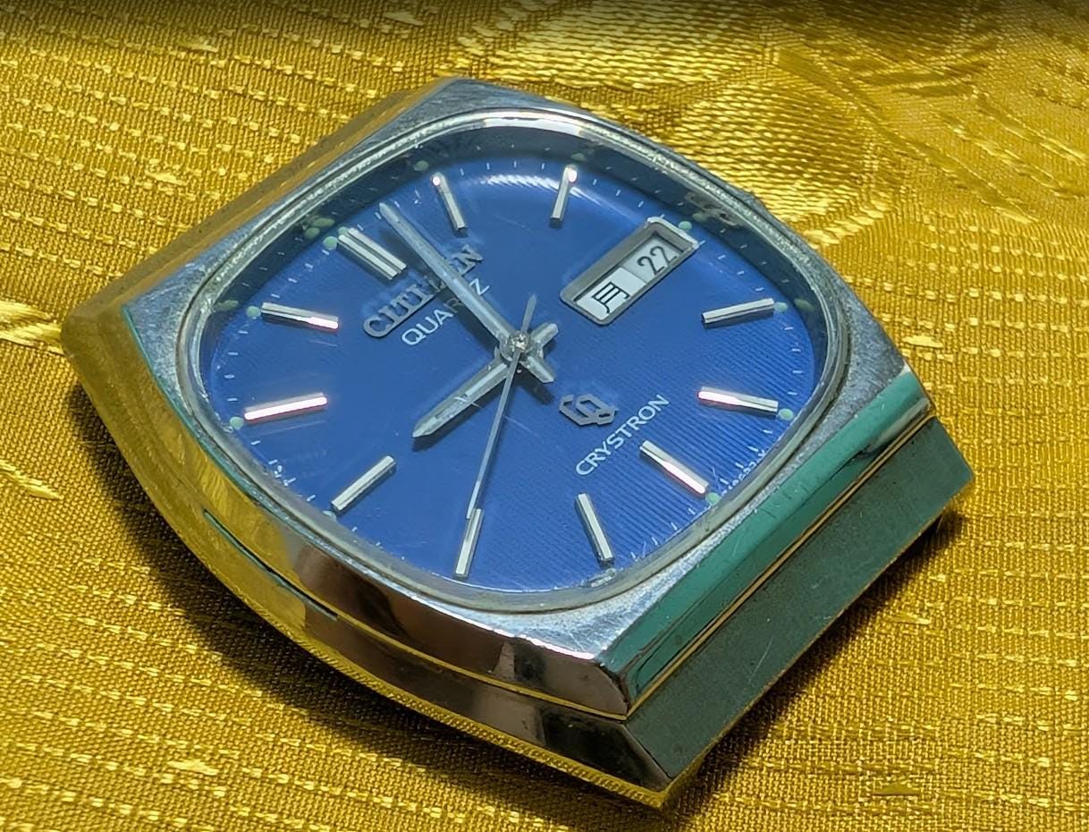 Vintage Pre-Owned Citizen Crystron Quartz Tank 4-730780 Blue Dial 33mm Japan New Battery Day Date Running Rare Dress Watch