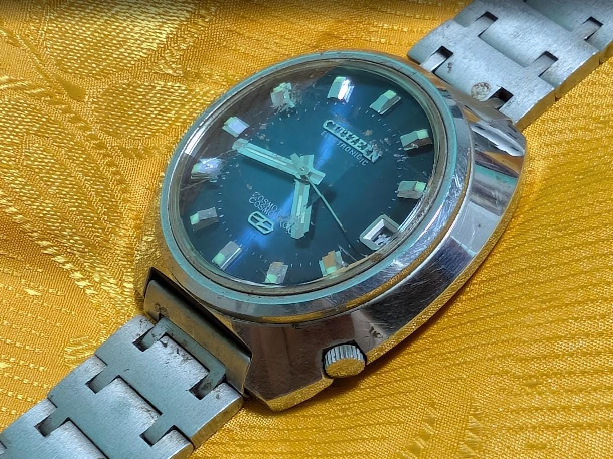 Rare Vintage Pre-Owned Citizen Cosmotronic Electronic Parawater 4-480147 Blue Sunburst Dial 40mm Original Bracelet Japan New Battery Running