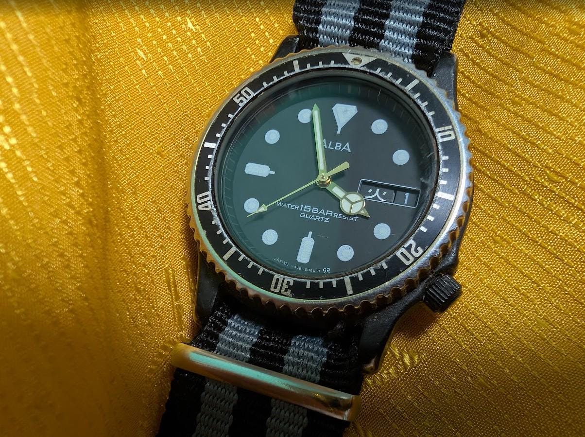 Vintage Pre-Owned ALBA V348-6080 Diver Style Quartz Watch 35mm 15 Bar Japan New NATO Strap New Battery Rare
