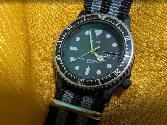 Vintage Pre-Owned ALBA V348-6080 Diver Style Quartz Watch 35mm 15 Bar Japan New NATO Strap New Battery Rare