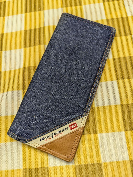 Authentic Diesel Industry Denim Division Long Wallet Blue Denim Brown Leather Checkbook Wallet Bifold Vintage Pre-Owned Men's Wallet