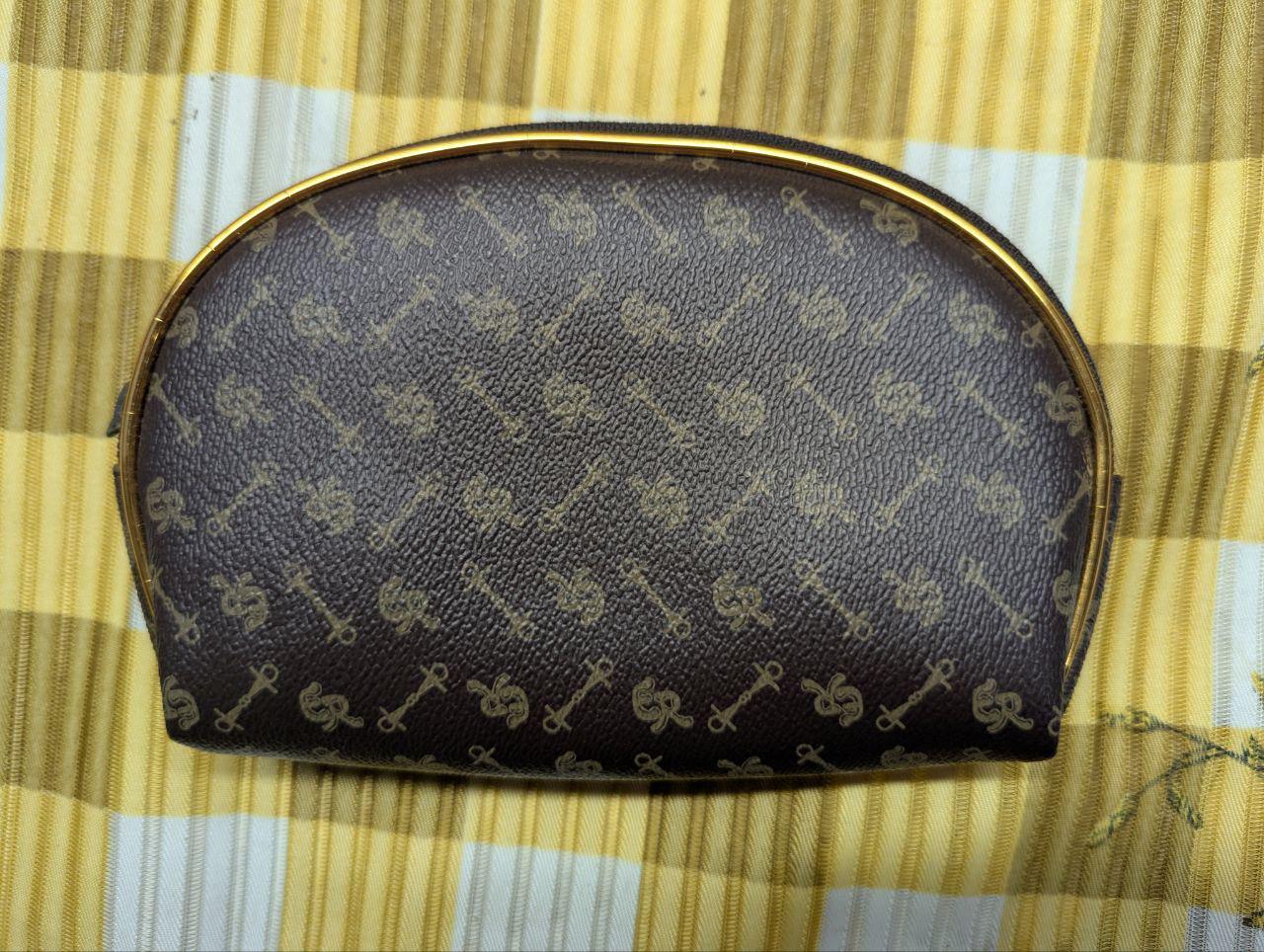 Vintage Unbranded Brown Monogram Cosmetic Pouch Zip Makeup Bag With Gold Frame Small Retro Toiletry Case Pre Owned