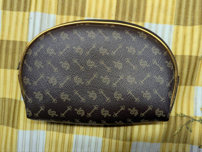 Vintage Unbranded Brown Monogram Cosmetic Pouch Zip Makeup Bag With Gold Frame Small Retro Toiletry Case Pre Owned