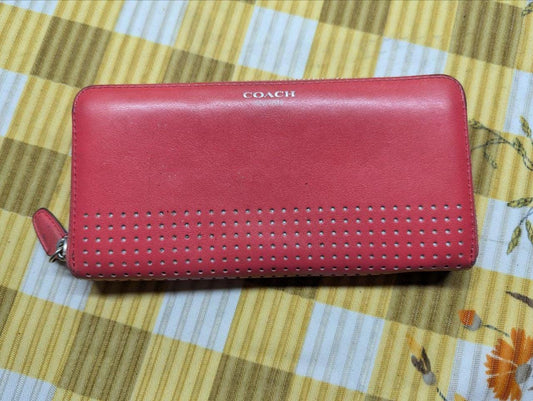 Pre-Owned Authentic Coach Legacy Coral Leather Perforated Wallet, Red