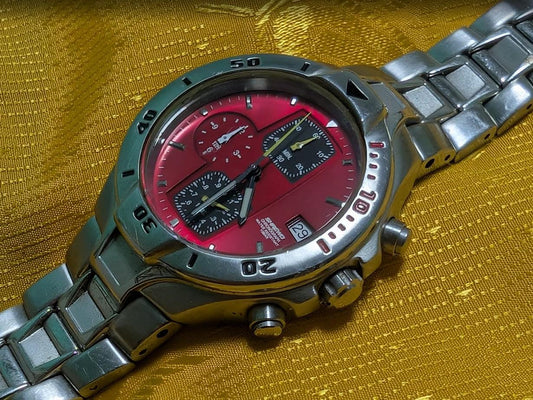 Rare Ricoh Chronograph Red Dial Vintage Pre-Owned Japan Watch Mens Stainless Steel Sport Watch Working New Battery.case 38mm.