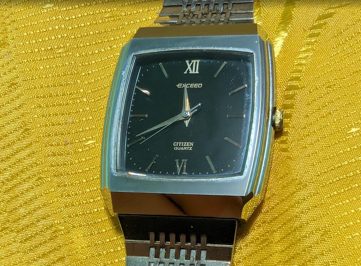 Rare Citizen Exceed Quartz Tank Watch 29mm Vintage Pre-Owned Japan Stainless Steel Bracelet Black Dial Roman Numerals Dress Watch .New Battery