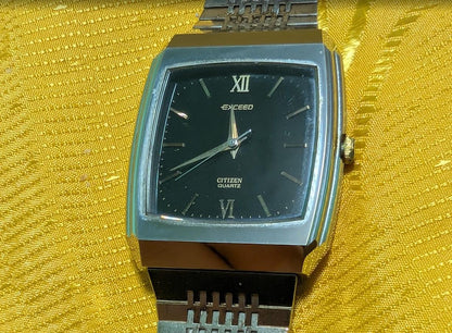 Rare Citizen Exceed Quartz Tank Watch 29mm Vintage Pre-Owned Japan Stainless Steel Bracelet Black Dial Roman Numerals Dress Watch .New Battery