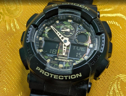 Vintage Pre-Owned Casio G-Shock GA-100CF Camouflage Dial Military Watch 50mm Ana Digi New Battery Black .New battery