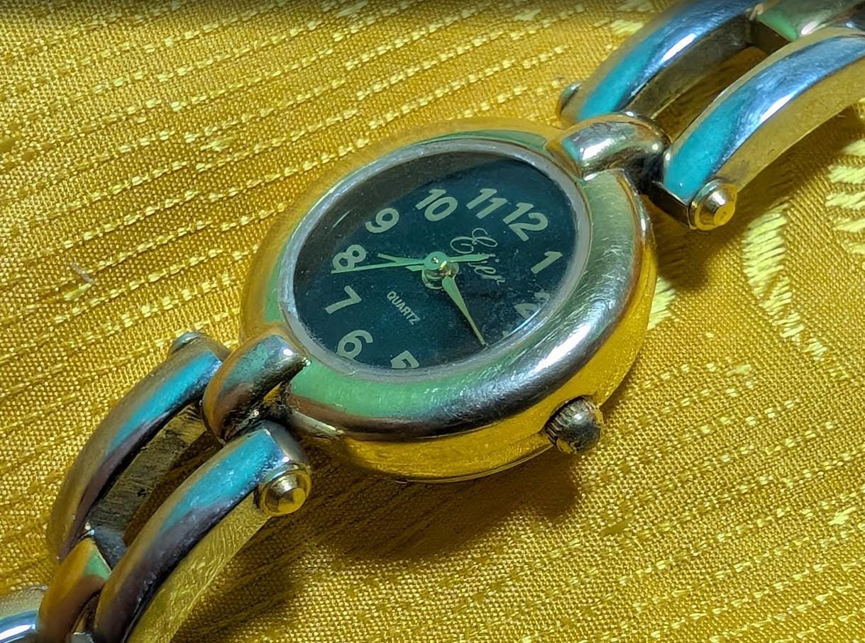 Vintage Pre-Owned Etier Women Watch Bracelet 24mm Quartz Ladies Two Tone Jewelry Watch Retro 1990s Dainty Wristwatch. New Battery Working