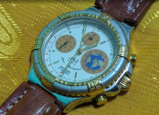 Vintage Pre-Owned JAZ Paris M60T496 Chronograph Alarm World Time Watch 40mm Original Leather Strap For Repair Rare