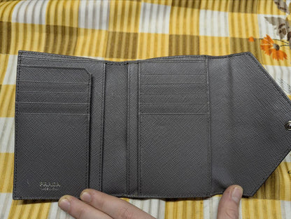 Vintage Prada Saffiano Trifold Leather Wallet Grey Envelope Wallet Designer Wallet Womens Wallet Pre Owned Authentic Italy