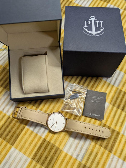 Pre-Owned Paul Hewitt Sailor Line Watch Rose Gold White Dial Leather Strap Womens Watch Authentic
