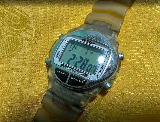 Rare Adidas Vintage Pre-Owned Digital Watch 100M Runner Chronograph Timer 40mm Case Transparent Strap Sport Retro LCD Watch