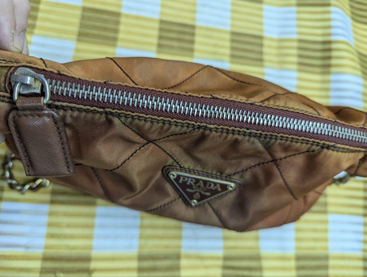 Prada Milano Nylon Quilted Shoulder Bag Brown Vintage Designer Chain Bag With Leather Trim Made In Italy Authentic Pre Owned