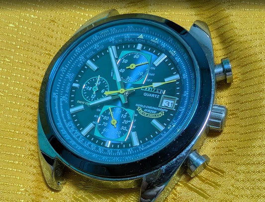 Vintage Pre-Owned Citizen Quartz World Chronograph Blue Angels Style 43mm Watch New Battery Running Black Dial Pilot Design Rare
