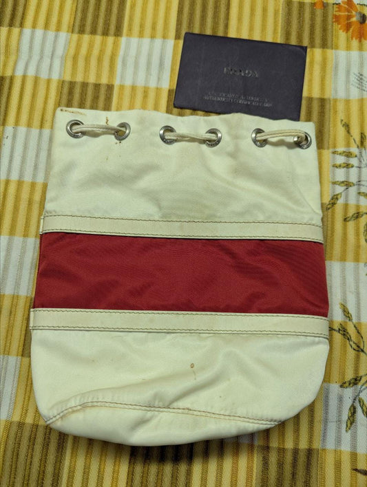 Vintage Prada Vela Nylon Bucket Bag White Red Drawstring Bag Authentic 2005 Milano Italy Pre Owned Designer Bag