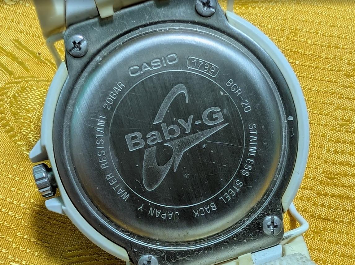 Rare Casio Baby-G BGR-20 vintage Pre-Owned white watch textile strap 40mm working Case 40mm. New Battery