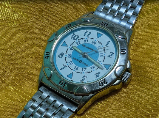 Rare quattro blue star watch steel bracelet vintage Pre-Owned japan style luminous dial,Dial 36mm. New Battery