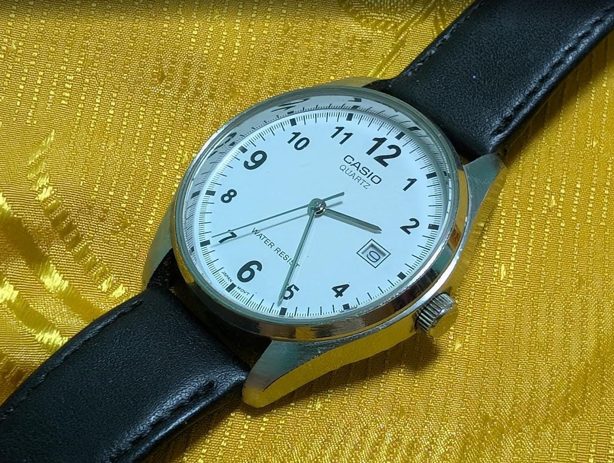 Vintage Pre-Owned Casio MTP-1175 Quartz Watch White Dial Date 37mm Case Working Video Maruman Leather Strap Classic Dress Japan Movt