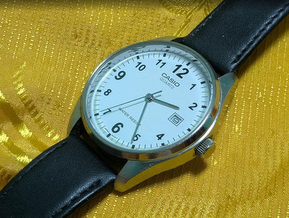 Vintage Pre-Owned Casio MTP-1175 Quartz Watch White Dial Date 37mm Case Working Video Maruman Leather Strap Classic Dress Japan Movt