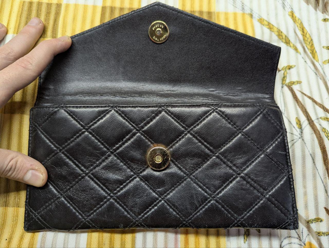 Chanel Paris Quilted Leather Long Wallet Black Envelope Style Snap Closure Vintage Pre-Owned Designer Wallet With Zipper Coin Pocket