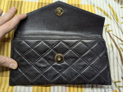 Chanel Paris Quilted Leather Long Wallet Black Envelope Style Snap Closure Vintage Pre-Owned Designer Wallet With Zipper Coin Pocket