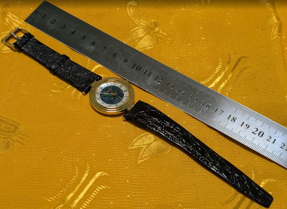 Vintage Pre-Owned Pearlight Quartz Watch 30mm Opal Mosaic Dial Roman Numerals Black Leather Strap Japan Movt. New Battery