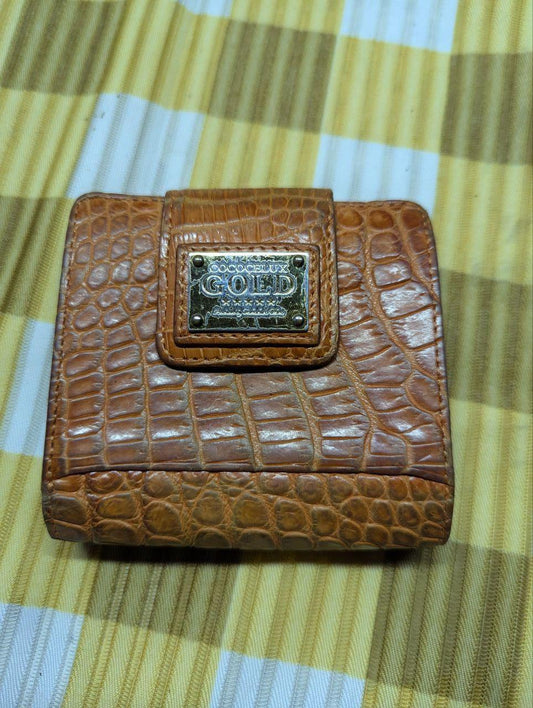 COCOCELUX GOLD Leather Wallet Crocodile Embossed Brown Compact Bifold Wallet with Snap Closure, Japanese Brand, Used