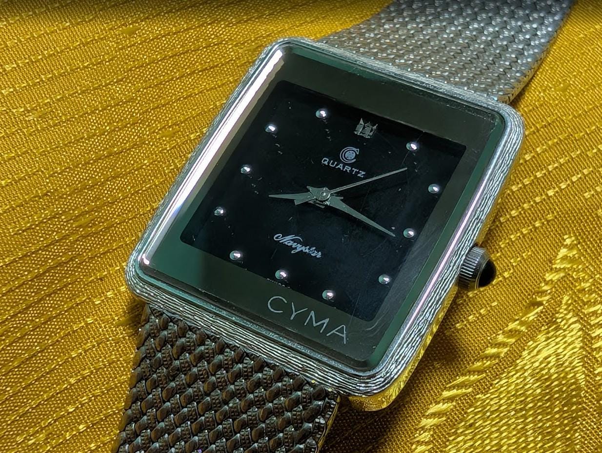 Cyma Tank Style Watch Swiss Quartz Vintage Pre-Owned Rectangular Minimalist Mesh Bracelet Unisex. New Battery.