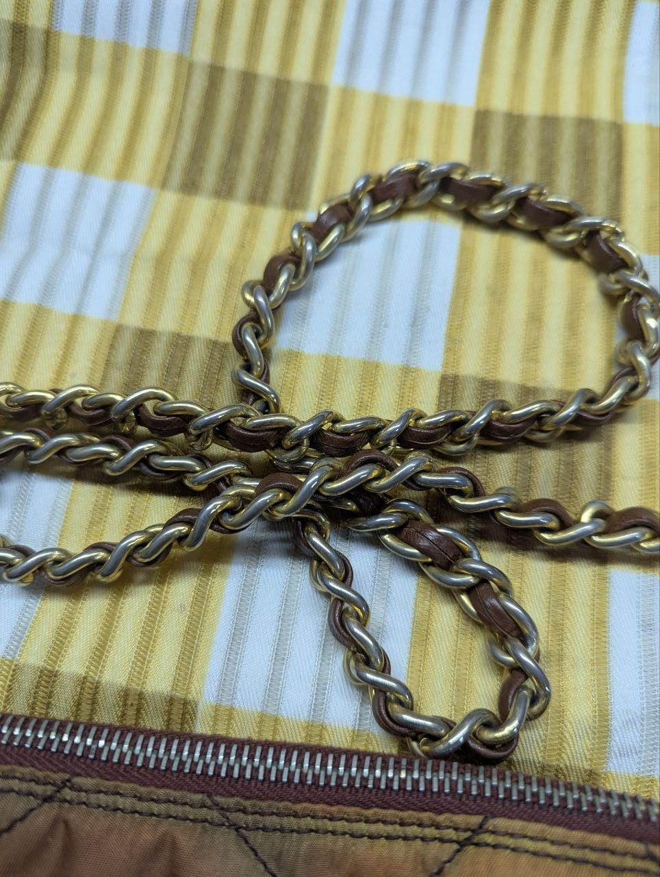 Prada Milano Nylon Quilted Shoulder Bag Brown Vintage Designer Chain Bag With Leather Trim Made In Italy Authentic Pre Owned