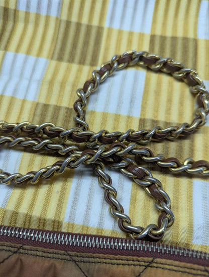 Prada Milano Nylon Quilted Shoulder Bag Brown Vintage Designer Chain Bag With Leather Trim Made In Italy Authentic Pre Owned