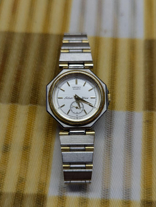 Vintage Pre-Owned Seiko Silver Wave 1428-0060 Quartz Watch Two Tone Bracelet Japan Dress Watch Mens Retro Wrist Watch Working